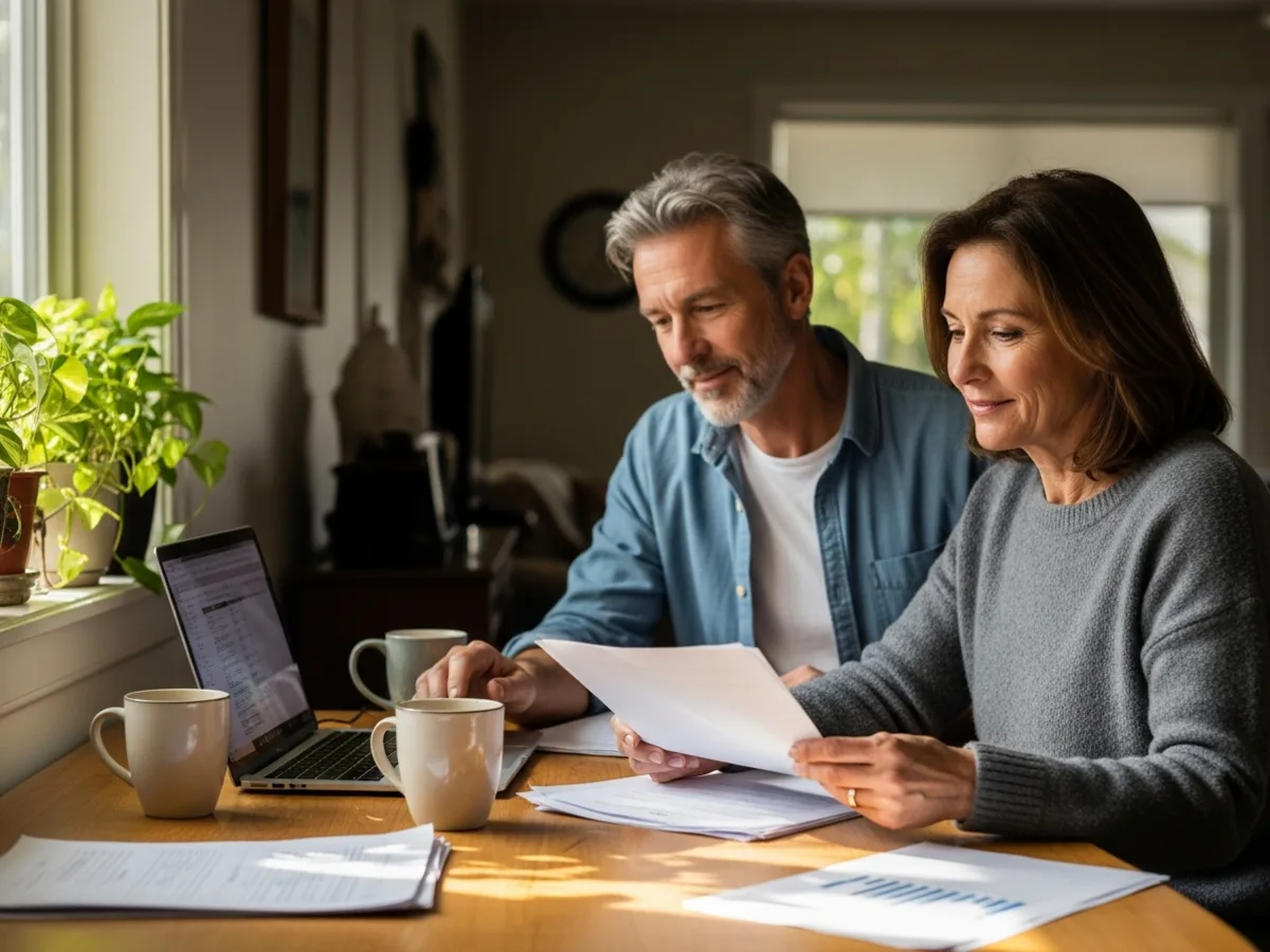 Couple reviewing their household finances together at home